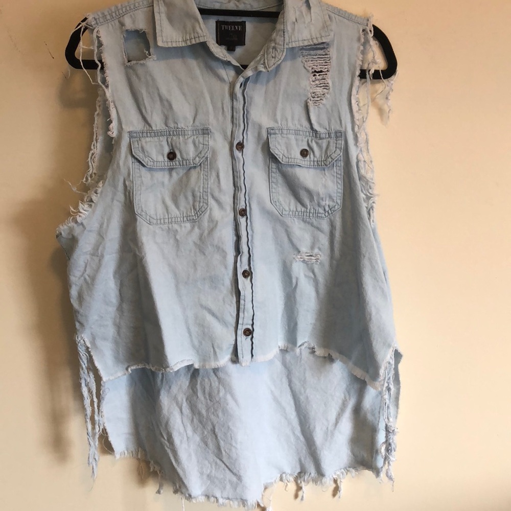 Distressed chambray tank top